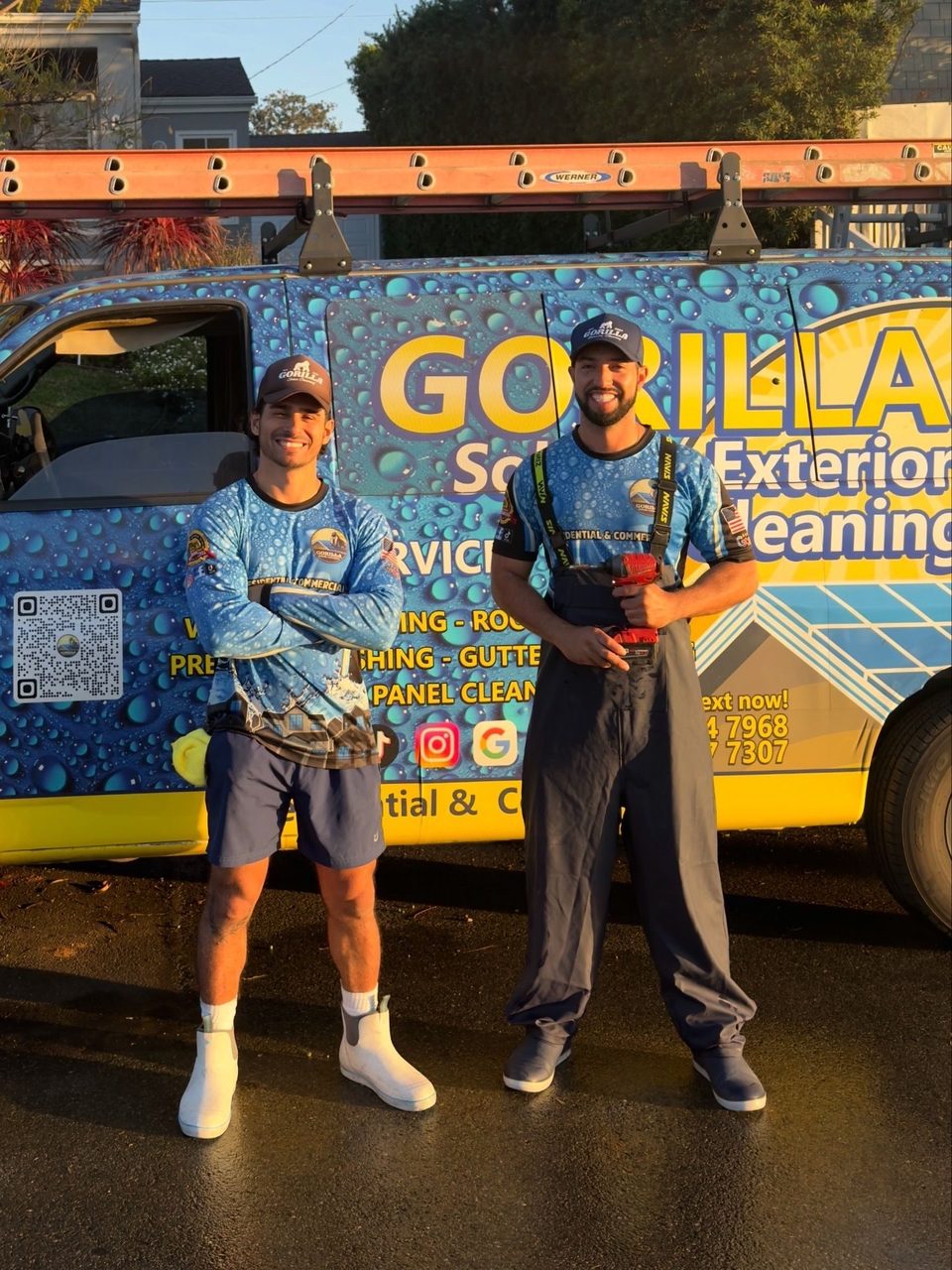 The Gorilla Exterior Cleaning family crew standing with their branded van in Long Beach, California